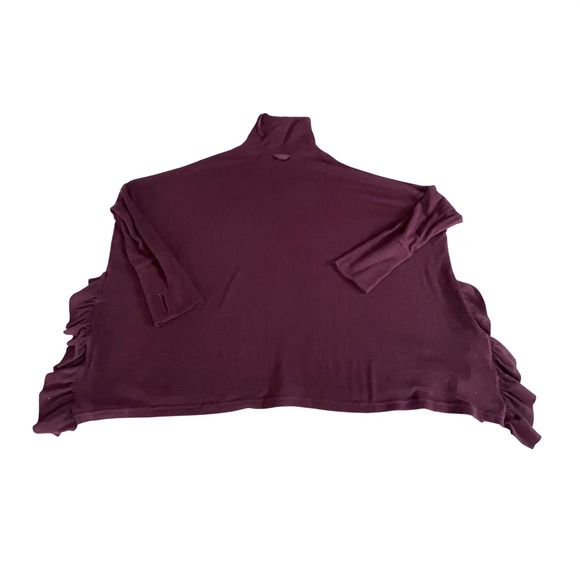 Free People Ribbed Turtleneck Poncho‎ Sweater Burgundy Ruffle Detail Oversized - Picture 4 of 7